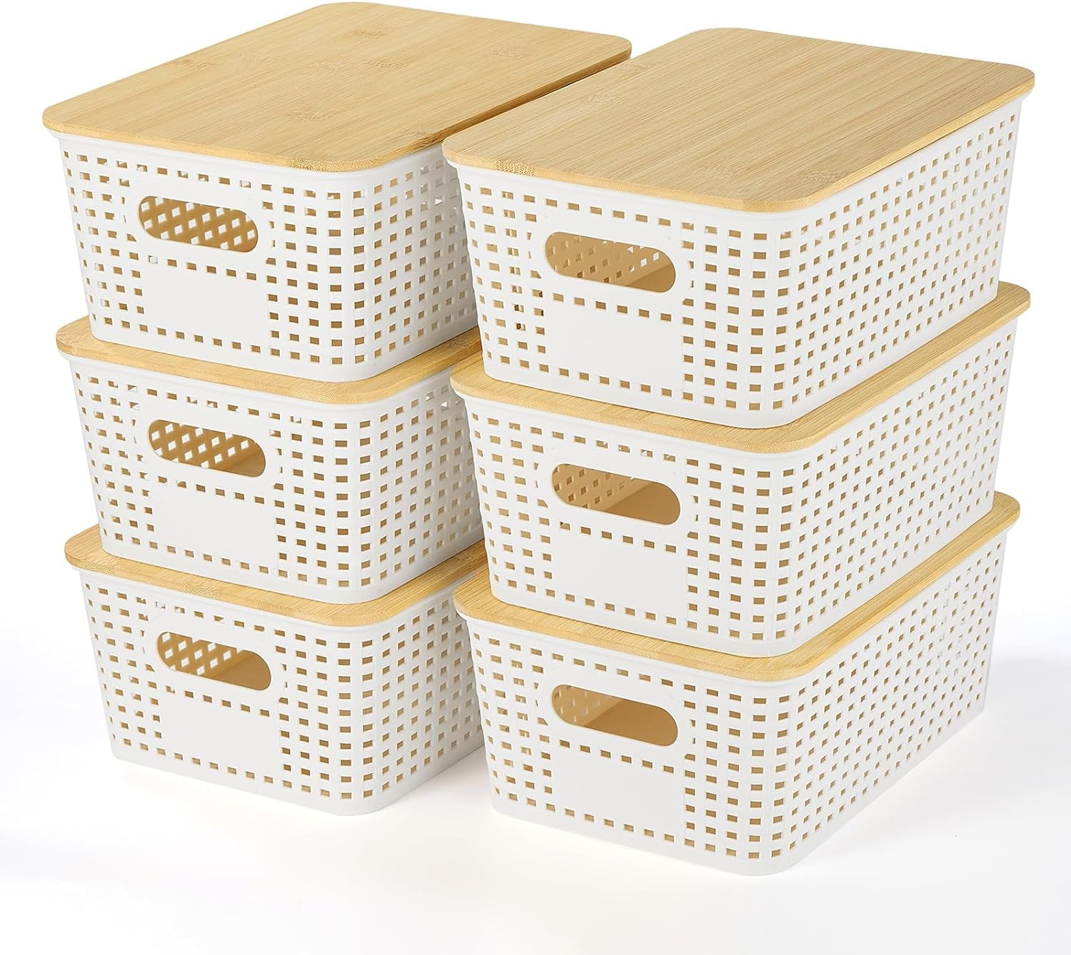 Plastic Storage Baskets With Bamboo Lid - Plastic Storage Containers Stackable Storage bins: Storage Baskets for Organizing Shelves Drawers Desktop Closet Playroom Classroom Office, 6 Pack