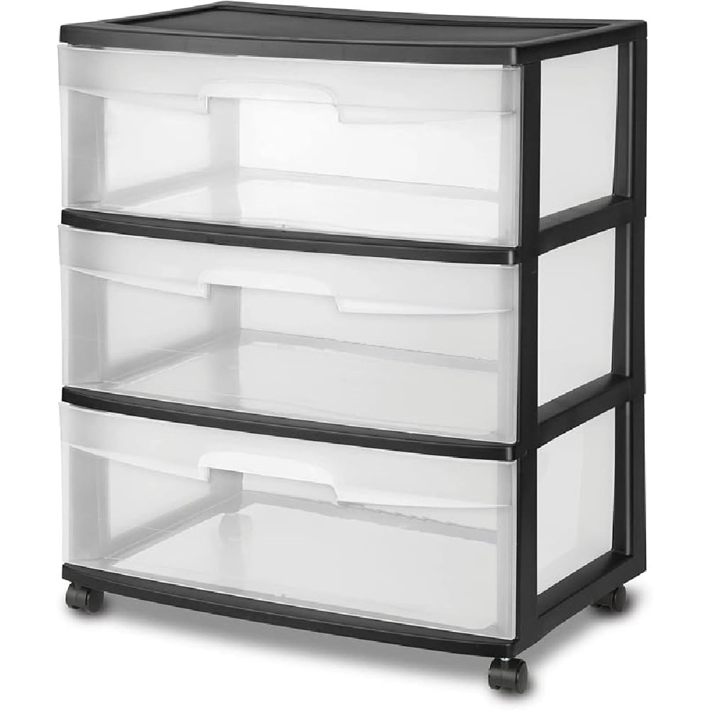Sterilite Wide 3 Drawer Cart Black
