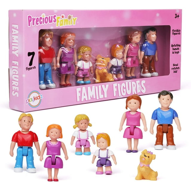 Playkidz Family Figures - Set of 7 Small Toy People, Dollhouse Accessories