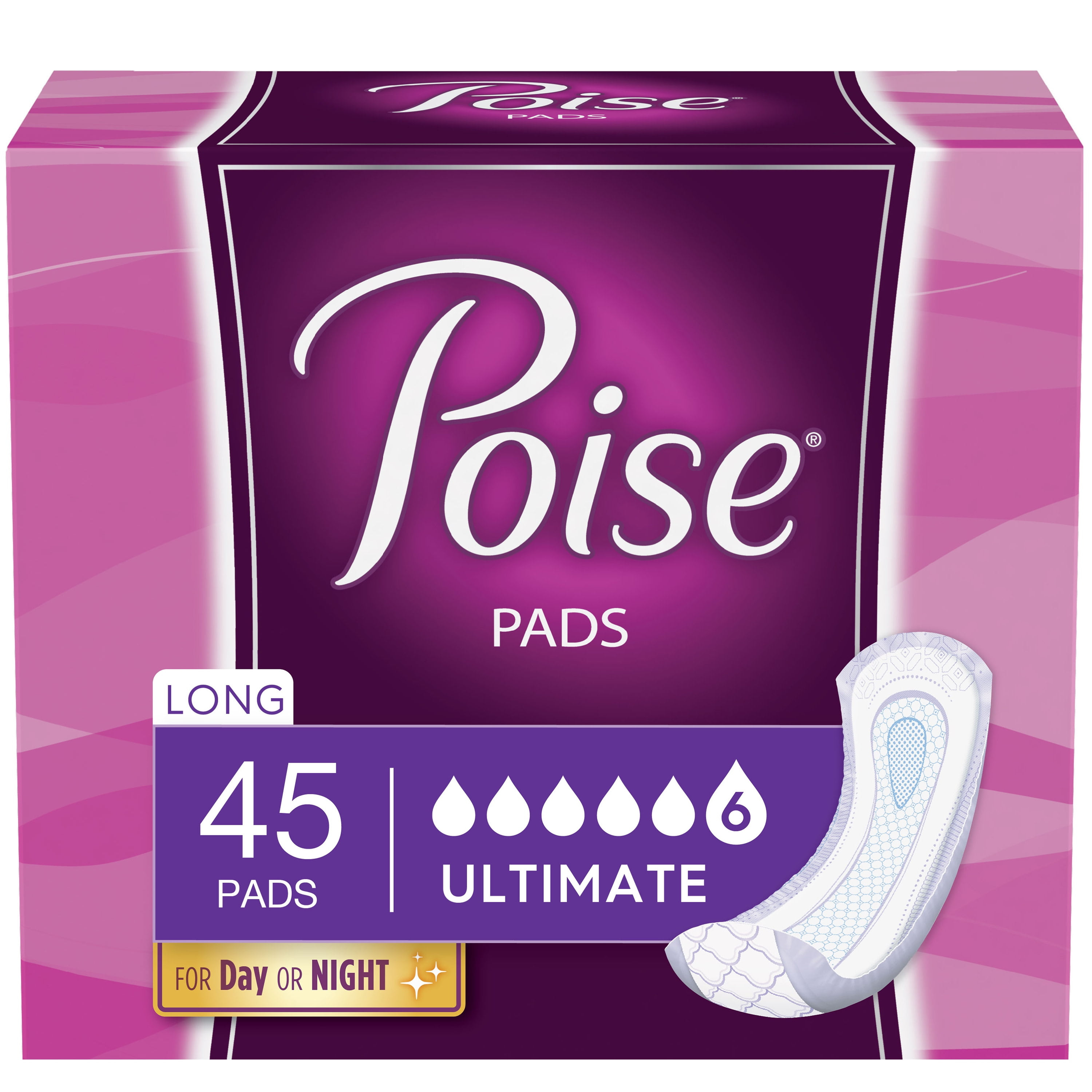 Poise Incontinence Pads for Women, 6 Drop Ultimate Absorbency, Long Length, 45 Count