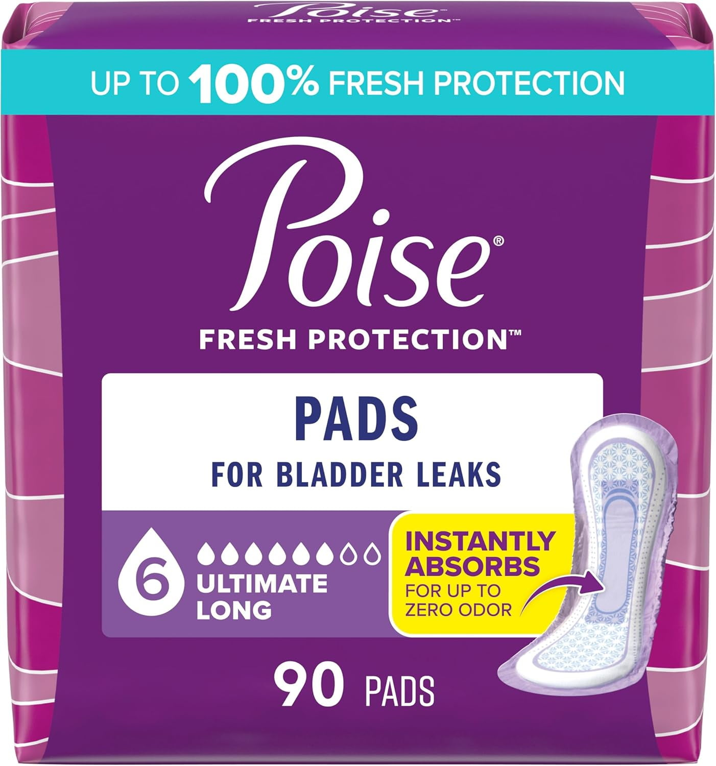 Poise Incontinence Pads for Women, 6 Drop Ultimate Absorbency, Long Length, 45 Count