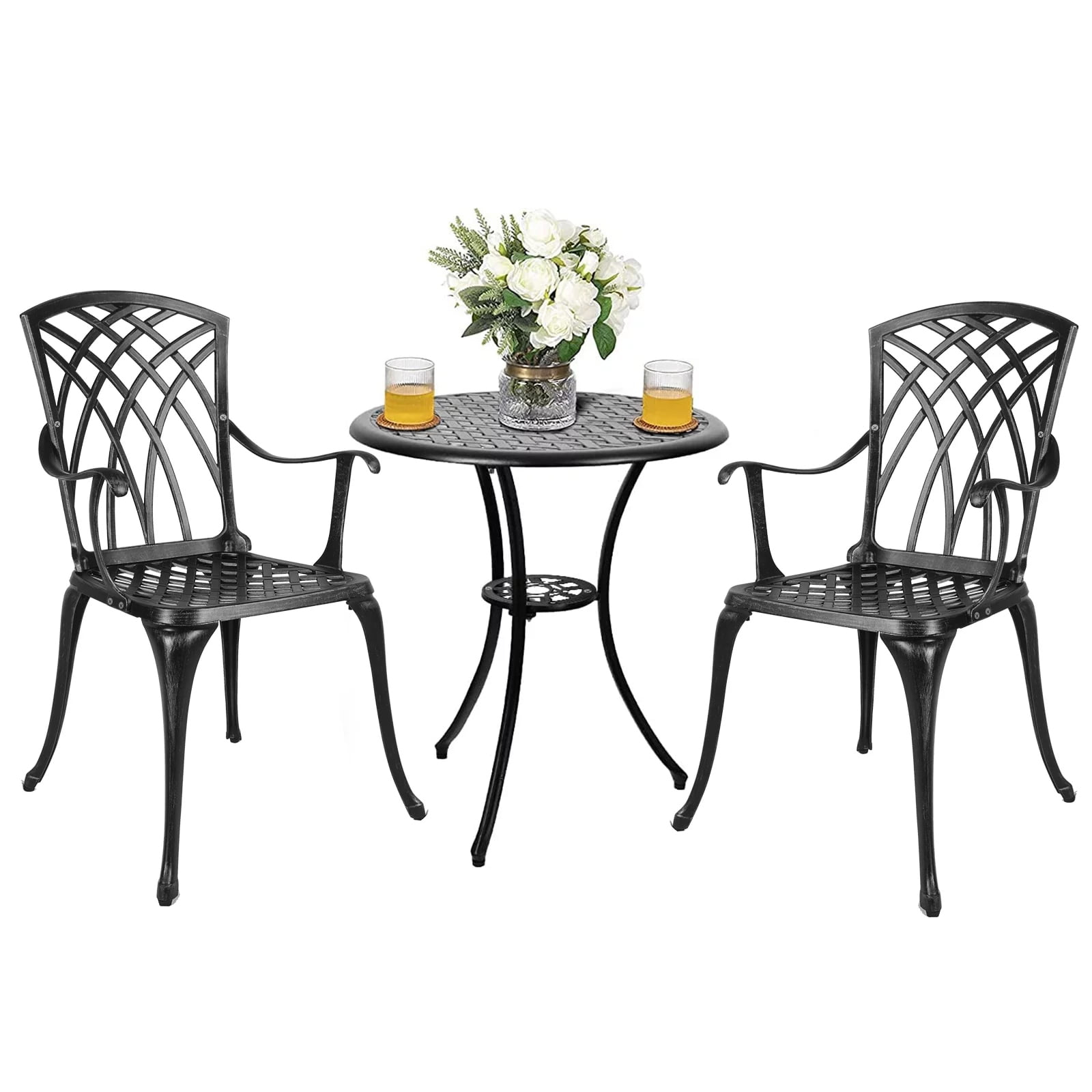 Polar Aurora 3 Piece Cast Aluminum Patio Bistro Set Table Outdoor Round Dining Armchair with Umbrella Hole for Porch, Lawn, Garden, Backyard, Pool, Black
