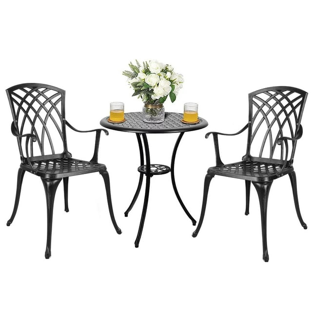 Polar Aurora 3 Piece Cast Aluminum Patio Bistro Set Table Outdoor Round Dining Armchair with Umbrella Hole for Porch, Lawn, Garden, Backyard, Pool, Black