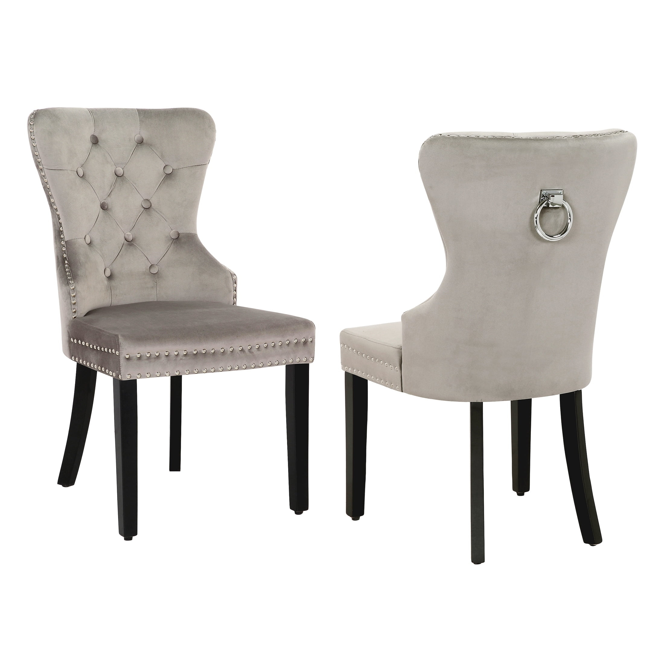 Polytrends Grandview Tufted Upholstered Dining Chair (Set of 2) with Nailhead Trim and Ring Pull Wingback Chairs Grey Velvet