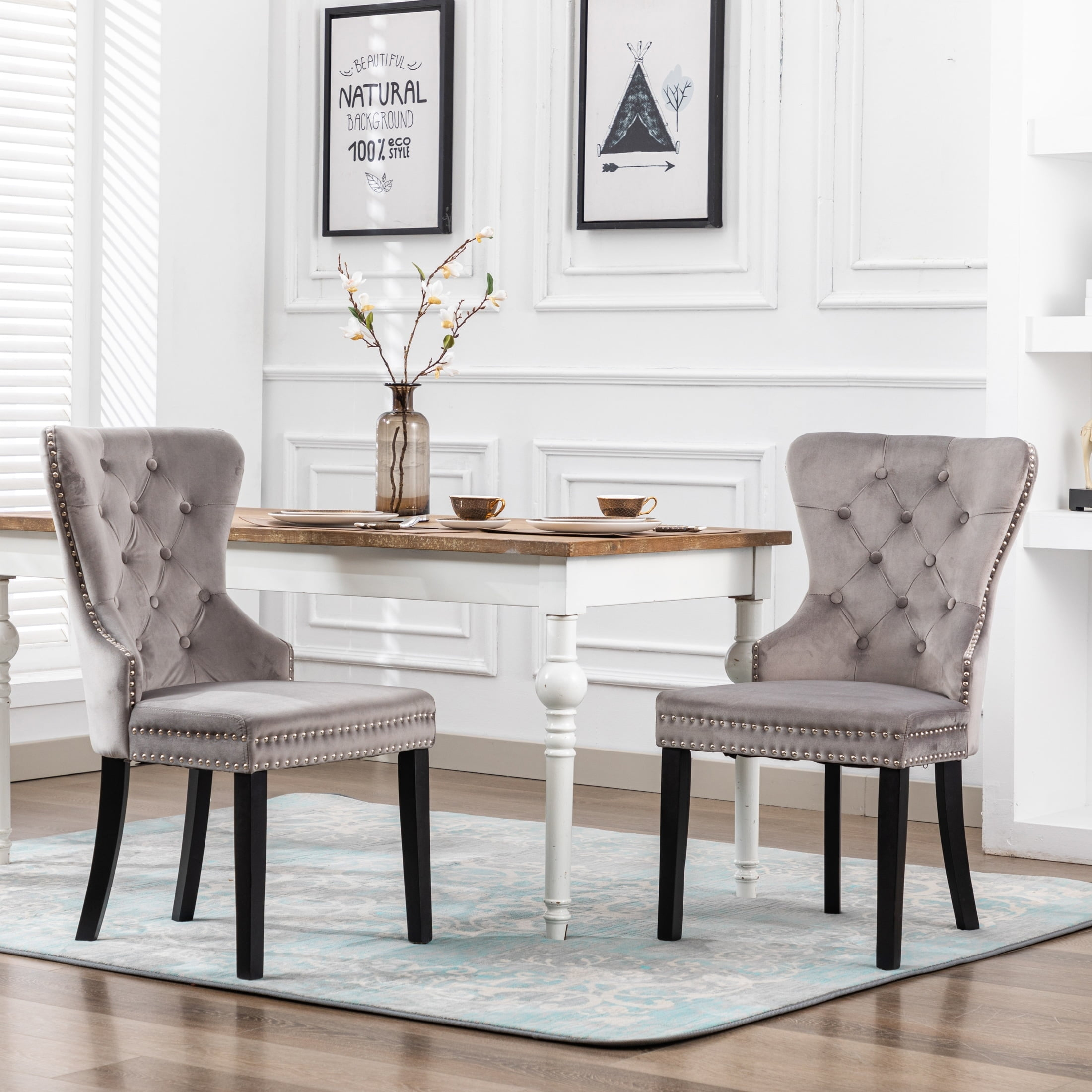 Polytrends Grandview Tufted Upholstered Dining Chair (Set of 2) with Nailhead Trim and Ring Pull Wingback Chairs Grey Velvet