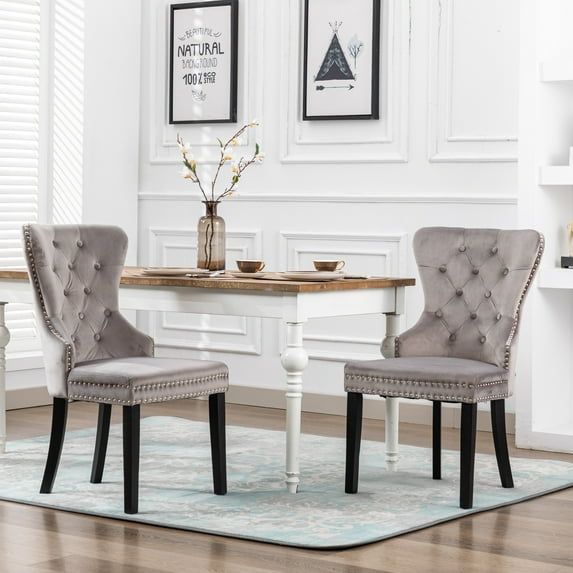 Polytrends Grandview Tufted Upholstered Dining Chair (Set of 2) with Nailhead Trim and Ring Pull Wingback Chairs Grey Velvet