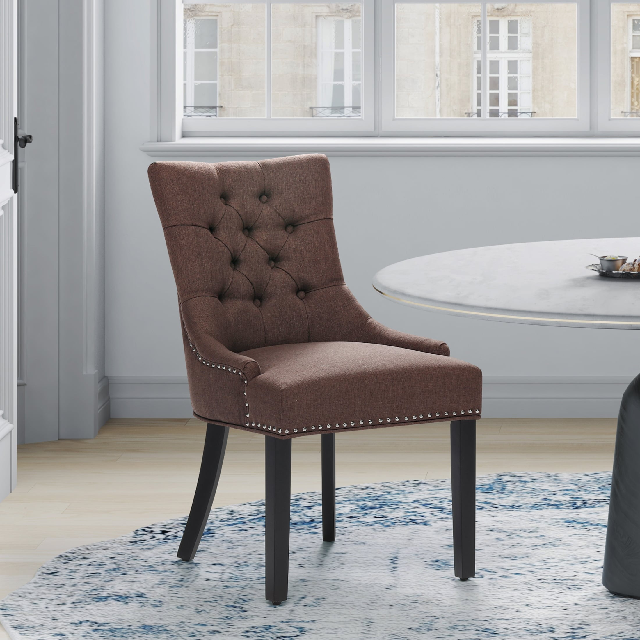 Polytrends Grandview Tufted Upholstered Linen Fabric Dining Chair Dining Chairs Brown Rubberwood,Acacia Tufted,Nailheads Farmhouse,Modern &