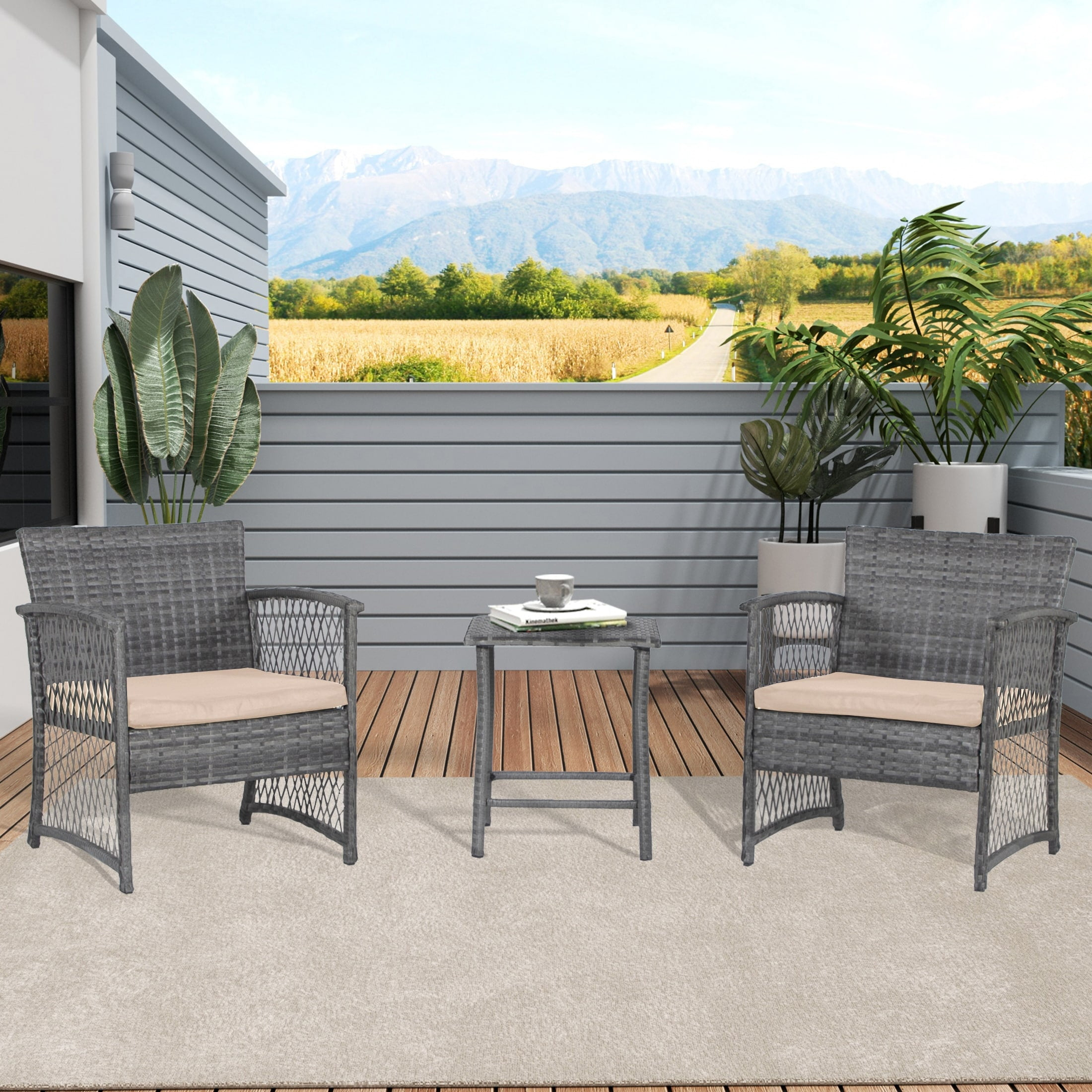 Polytrends Heritage Outdoor 3-piece Wicker Bistro Patio Set Grey/Beige