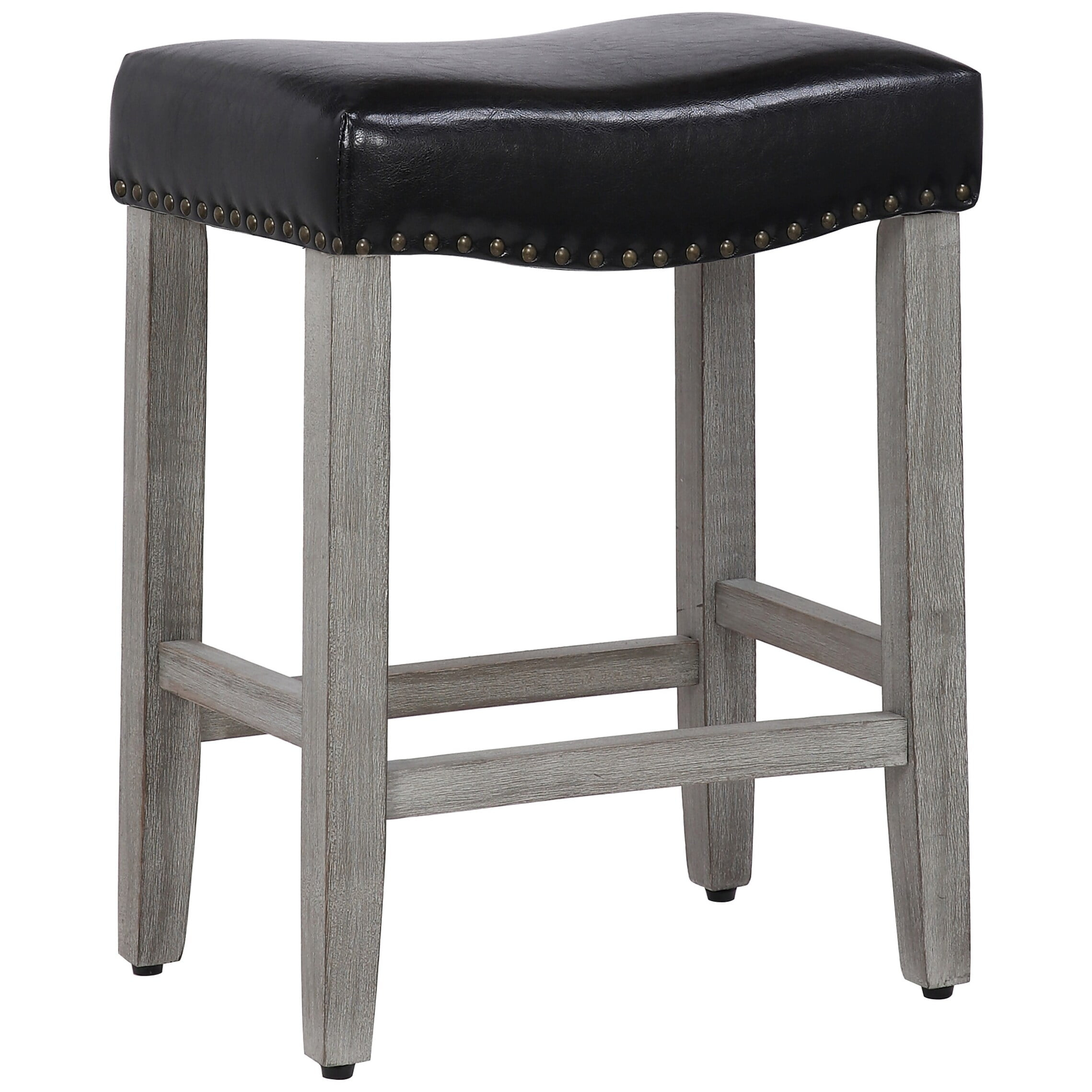 Polytrends Jameson Upholstered Polyester Gray 24 Inch Counter Stool Antique Gray/Black Wood Rubberwood Footrest Leather Glam