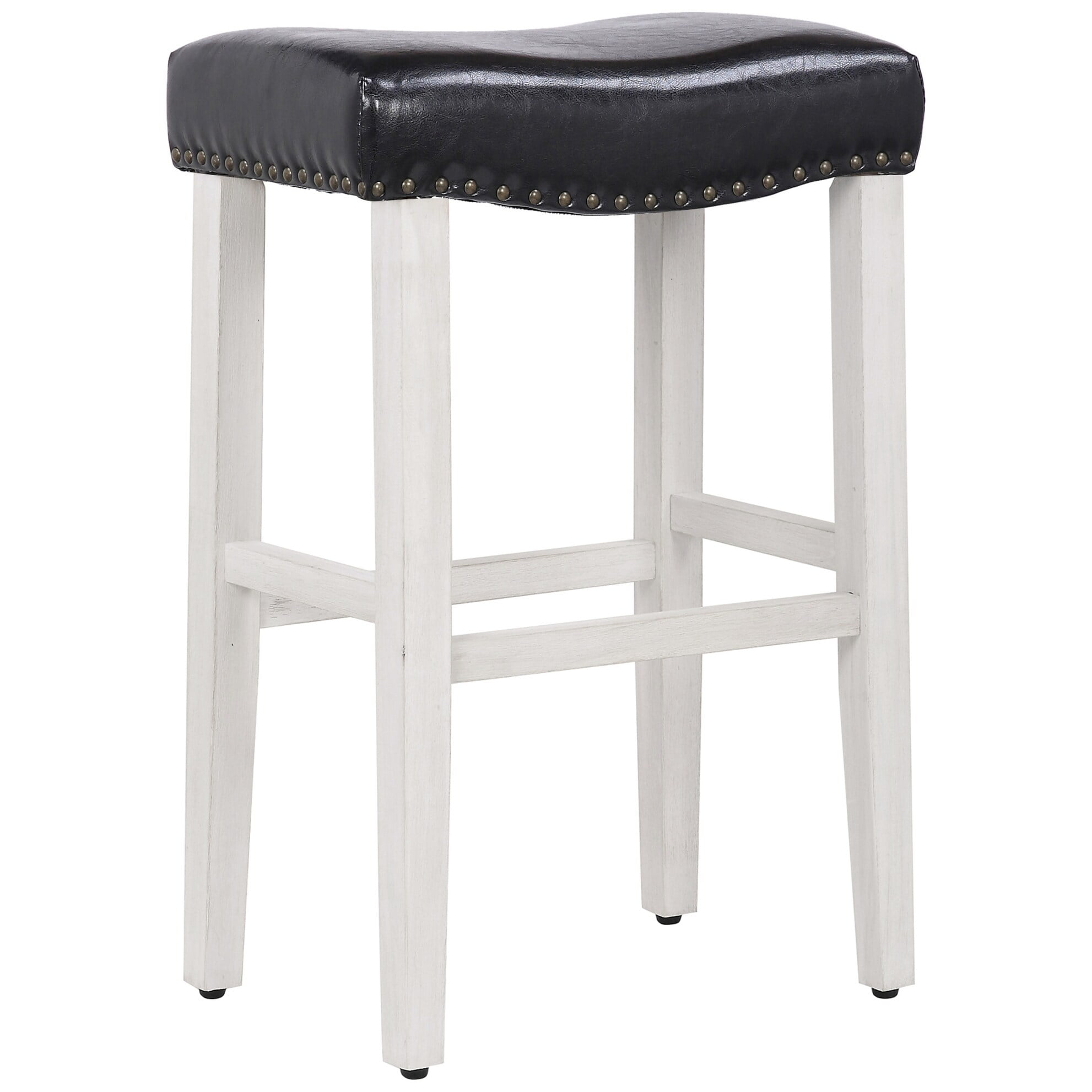 Polytrends Jameson Upholstered Polyester 29" Bar Stool - Saddle Seat/ White Legs Antique White/Black