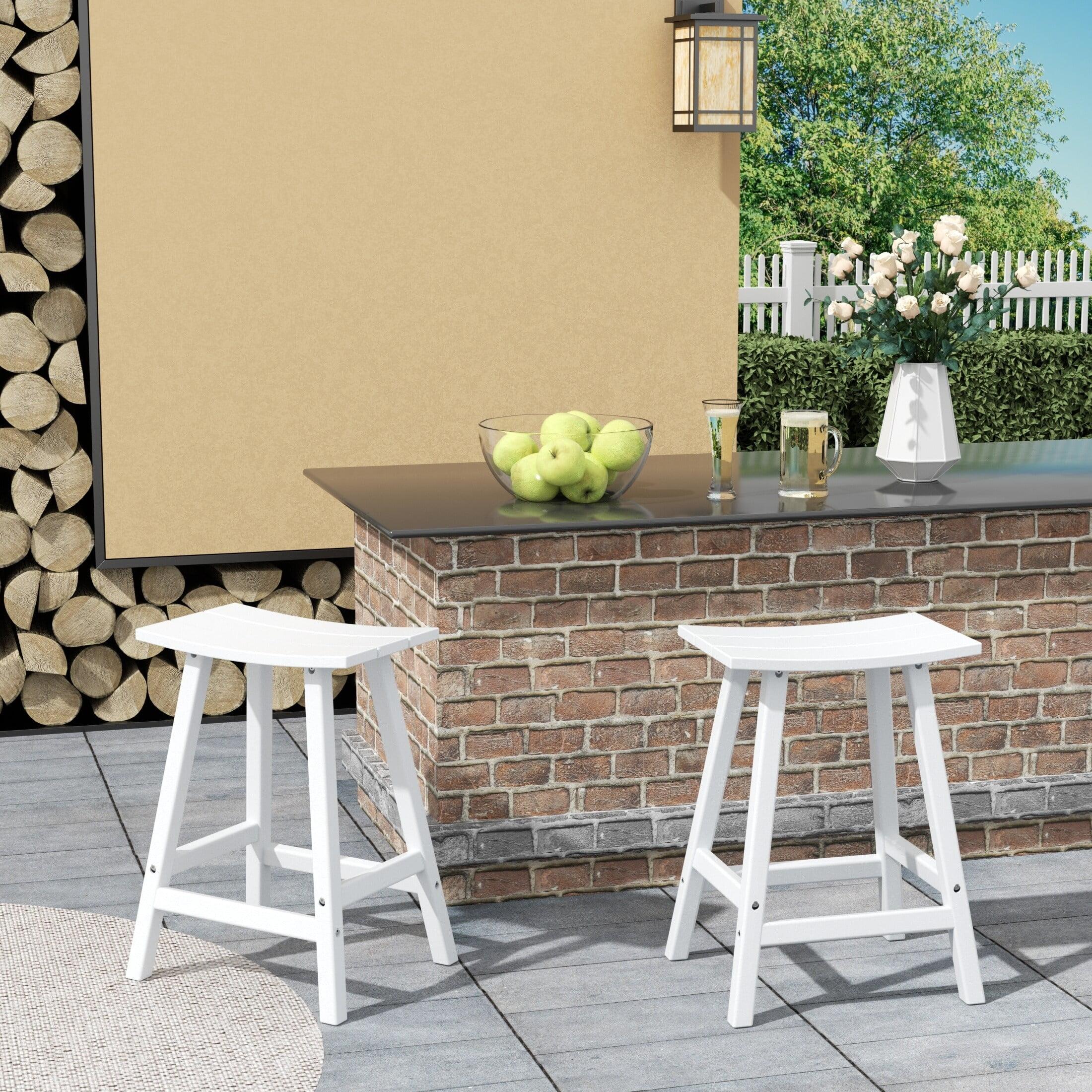 Polytrends  Laguna Hdpe All Weather Outdoor Patio 24" Saddle Seat Counter Stool (Set Of 2) White