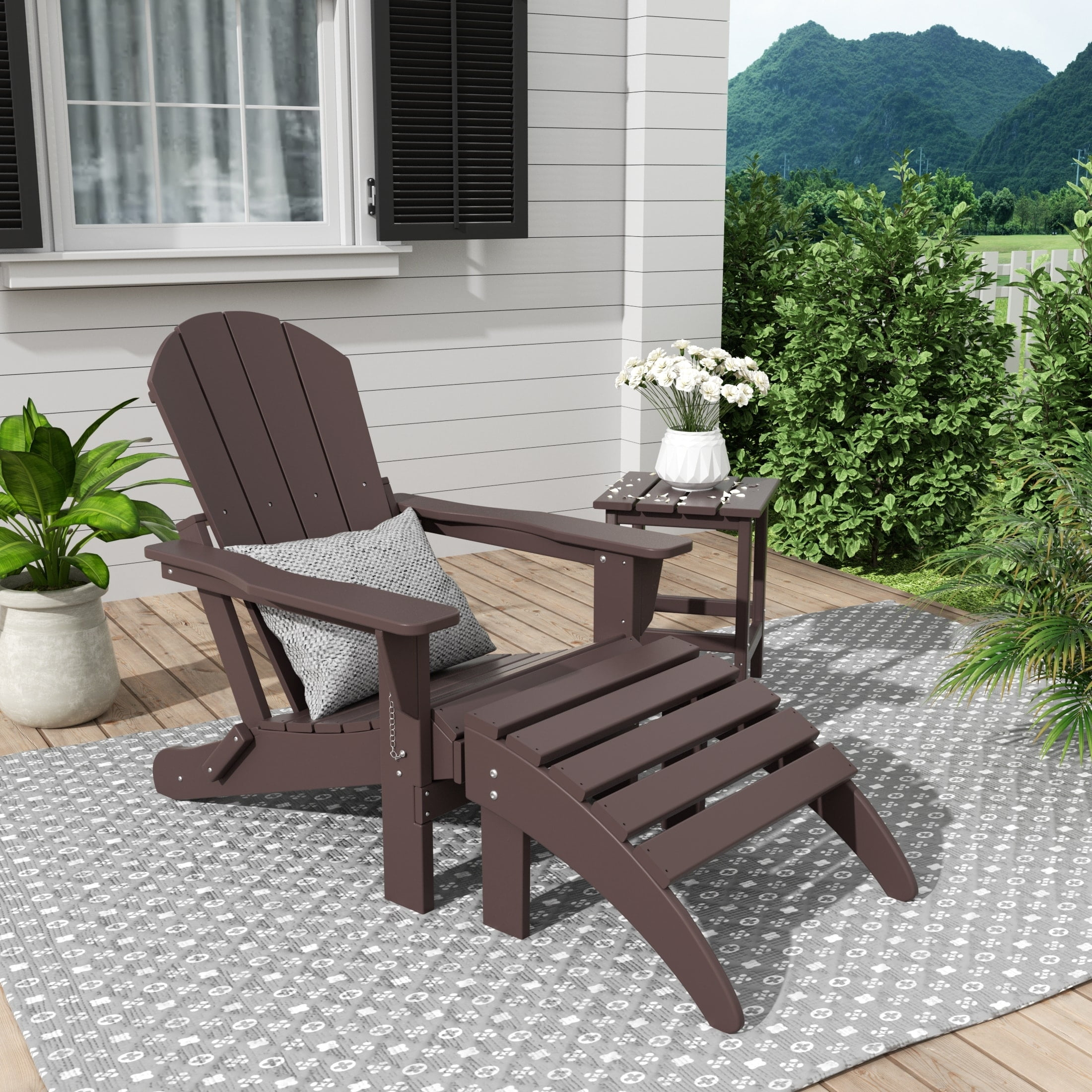 Polytrends  Laguna Hdpe All Weather Outdoor Patio Foldable Adirondack Chair With Ottoman And Side Table (3-Piece Set) Dark Brown