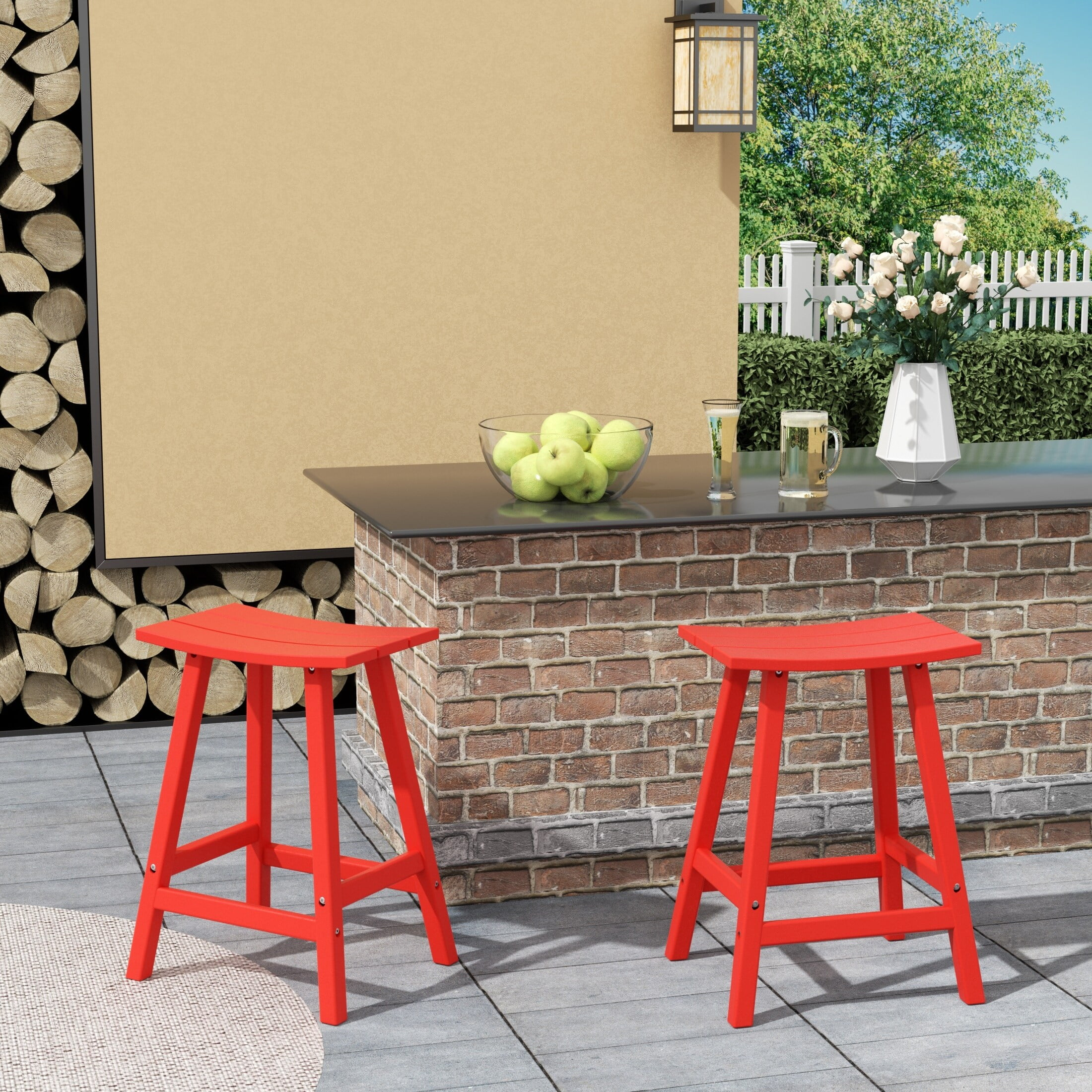 Polytrends  Laguna Hdpe All Weather Outdoor Patio 24" Saddle Seat Counter Stool (Set Of 2) Red