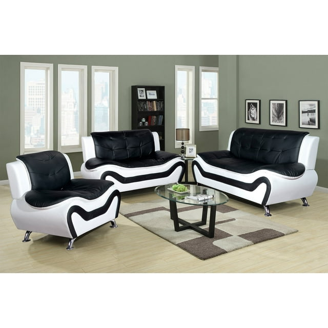 PonLiving Furniture 3 Piece Aldo Modern Sofa Set, Black & White Golden Coast Furniture 3 Piece Aldo Modern Sofa Set, Black & White