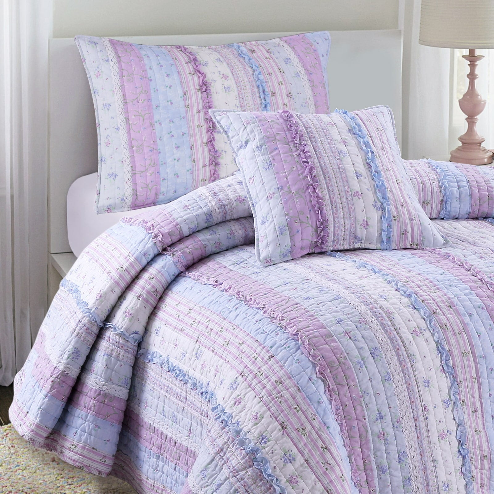 Porch & Den  Gwinnett Chic Lace Quilt Bedding Set Lavender King Adult Cotton Patchwork,Striped,Floral 3 Piece Shabby Chic