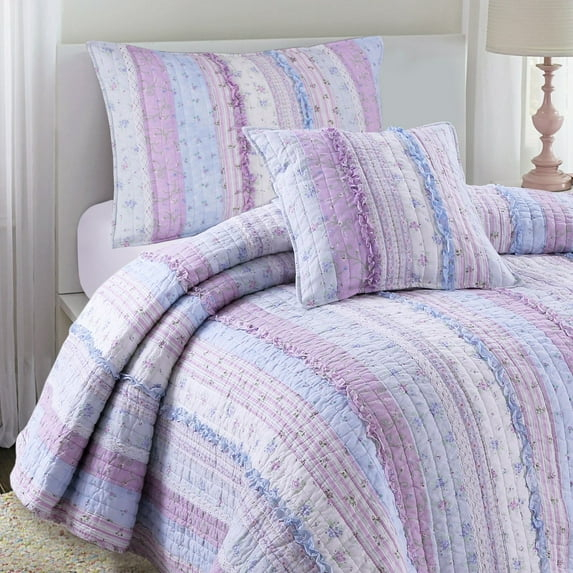 Porch & Den  Gwinnett Chic Lace Quilt Bedding Set Lavender King Adult Cotton Patchwork,Striped,Floral 3 Piece Shabby Chic