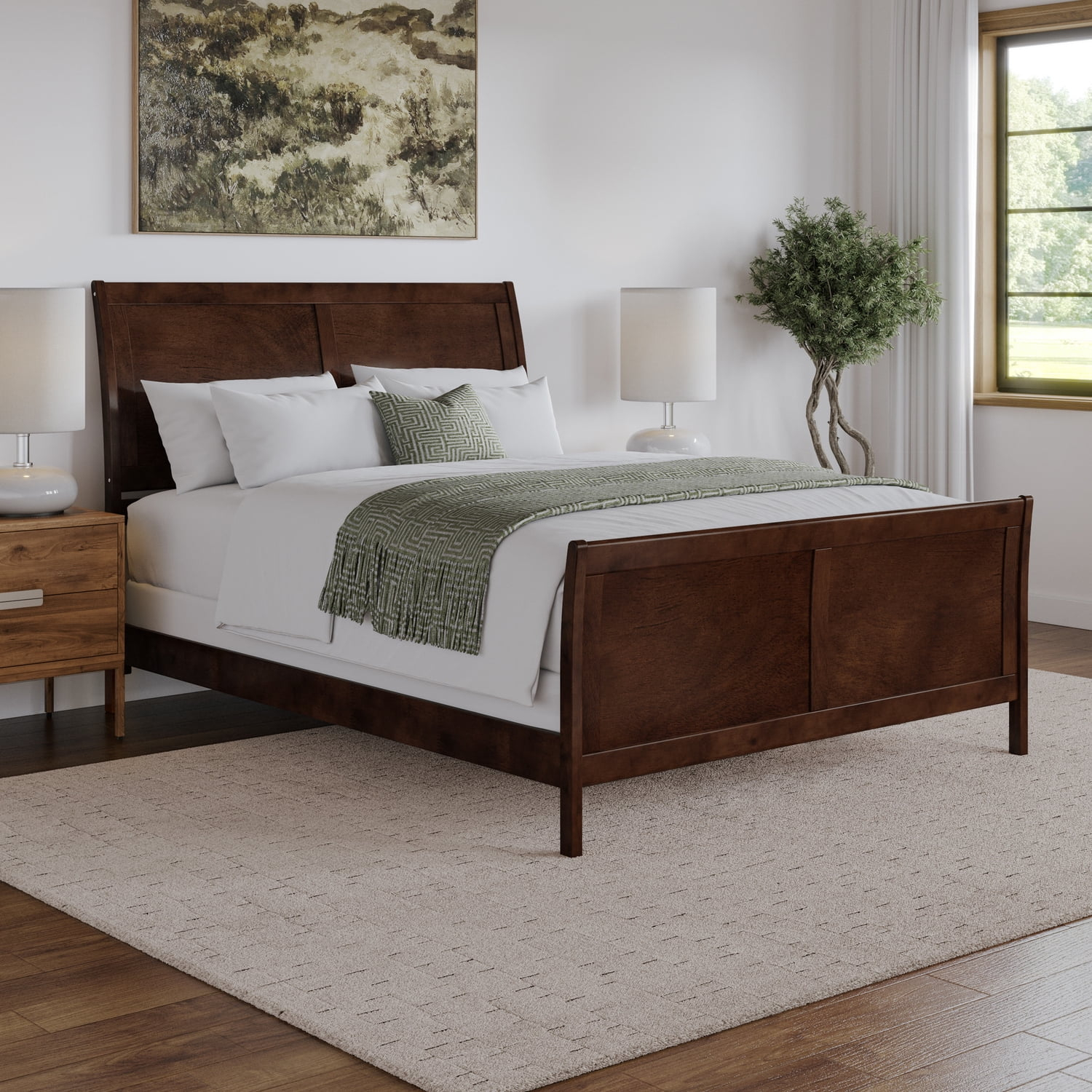 Portland Queen Wood Foundation Bed with Matching Footboard in Walnut