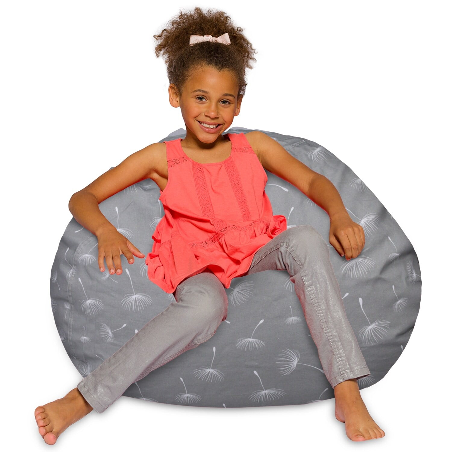 Posh Creations Kids Bean Bag Chair, Big Comfy Chair - Machine Washable Cover Canvas White Dandelions on Gray 38 Inches Large