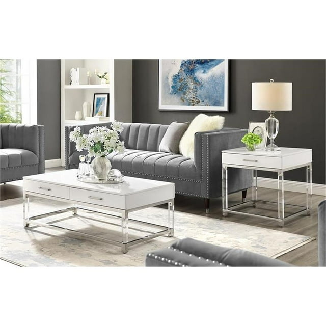 Posh Living Briar 1-Drawer Metal End Table with Acrylic Legs - White/Chrome