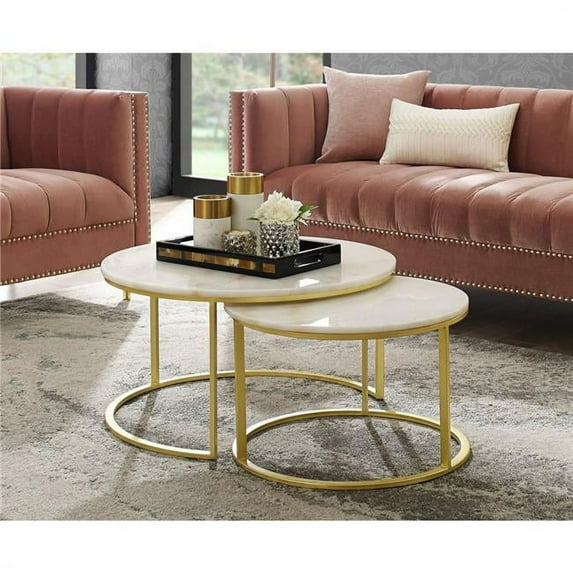 Posh Living Kero Round Marble Top Nesting Coffee Table in Gold