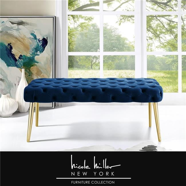Posh Living Dia Button Tufted Velvet Bench with Metal Legs in Navy Blue/Gold