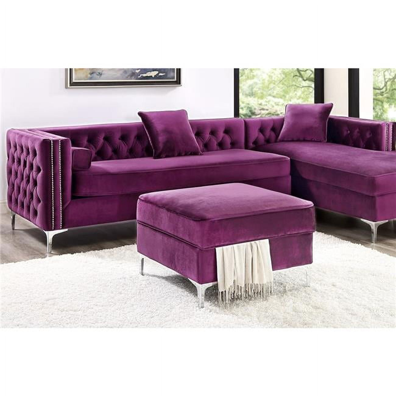 Posh Living Levi Tufted Velvet Storage Ottoman with Chrome Legs in Purple