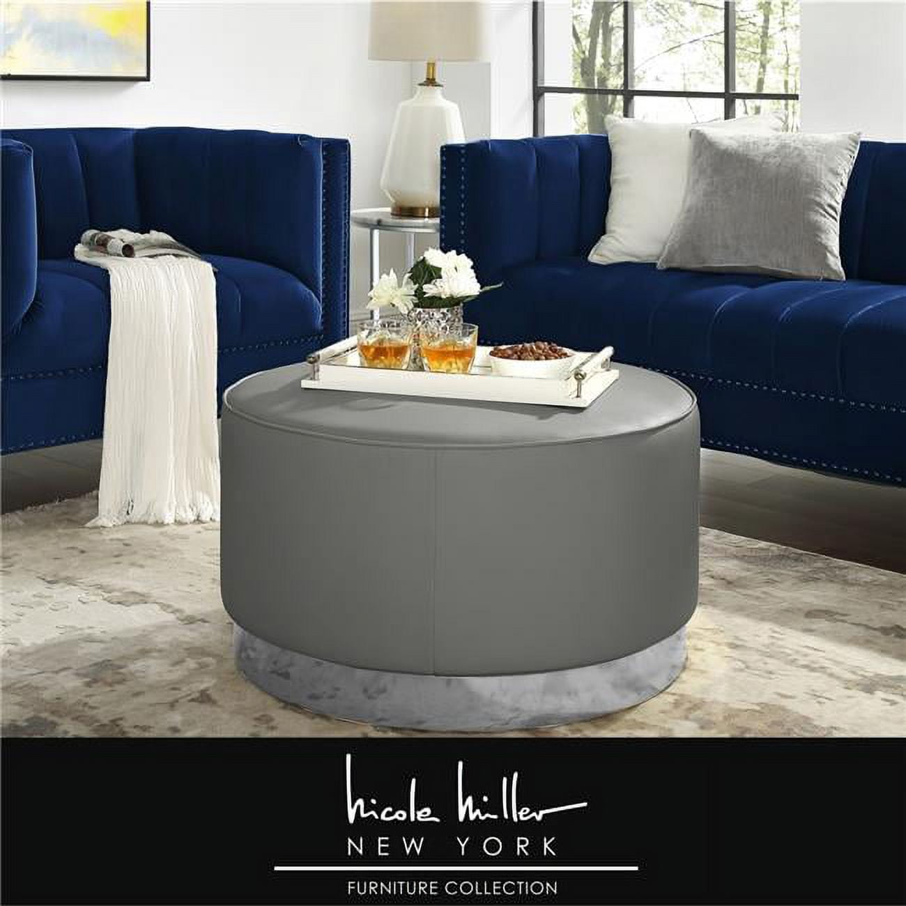 Suchada Leather Cocktail Ottoman with Chrome Trim Base, Grey
