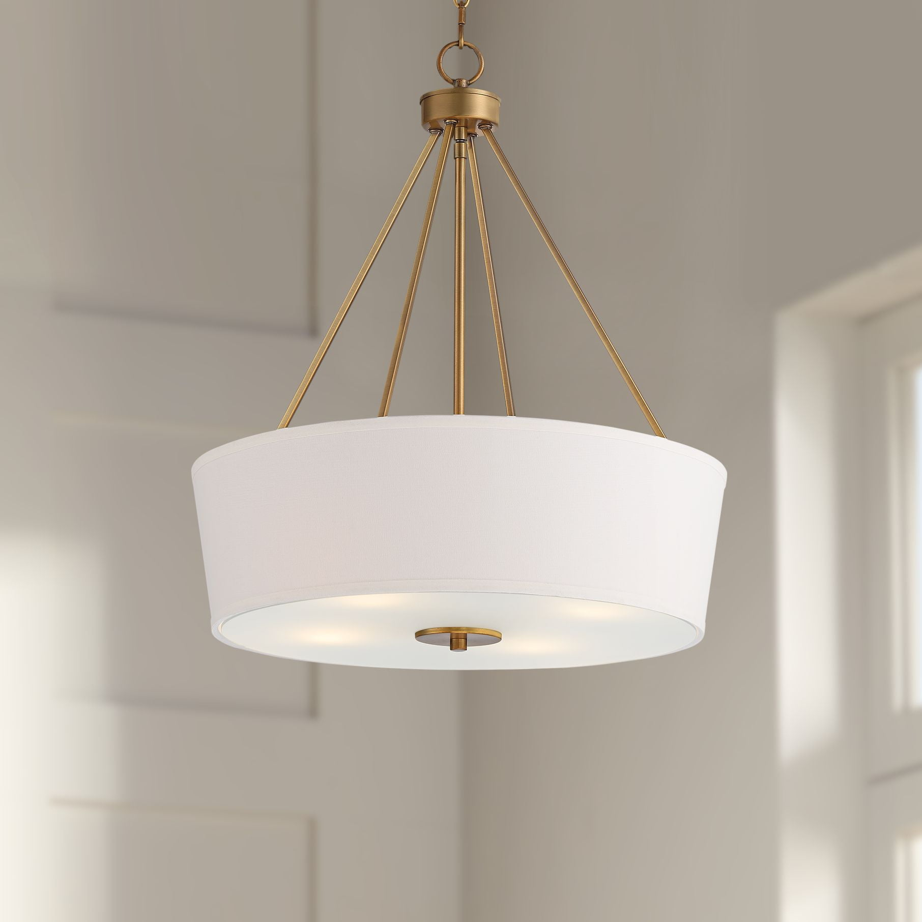 Possini Euro Design Saffira Warm Gold Pendant Chandelier 20" Wide Modern Off White Linen Drum Shade 4-Light Fixture for Dining Room Foyer Kitchen Home