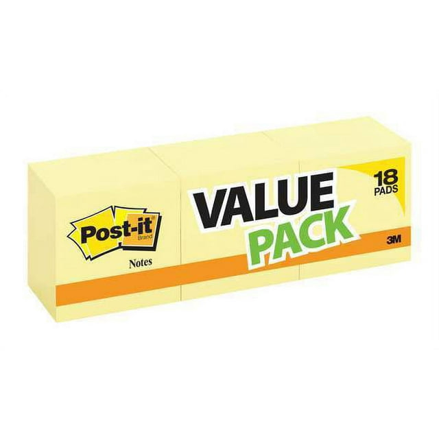 Post-it Notes, 3 in x 3 in, 18 Sticky Notes Pads, 100 Sheets per Pad, The Iconic Canary Yellow Note, School Supplies and Oﬃce Products