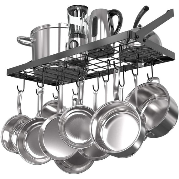 Vdomus Hanging Pots and Pans Organizer - Wall Mounted Pot Rack with 15 Hooks, 29.3 x 13 Inch Heavy-Duty Cookware Organizer for Kitchen Storage - Ideal Pot and Pan Holder with Square Grid Design, Black