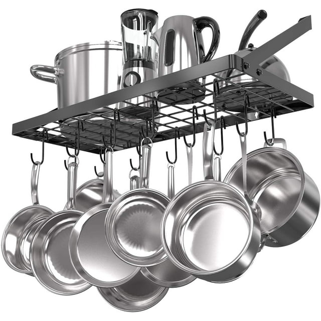 Vdomus Hanging Pots and Pans Organizer - Wall Mounted Pot Rack with 15 Hooks, 29.3 x 13 Inch Heavy-Duty Cookware Organizer for Kitchen Storage - Ideal Pot and Pan Holder with Square Grid Design, Black