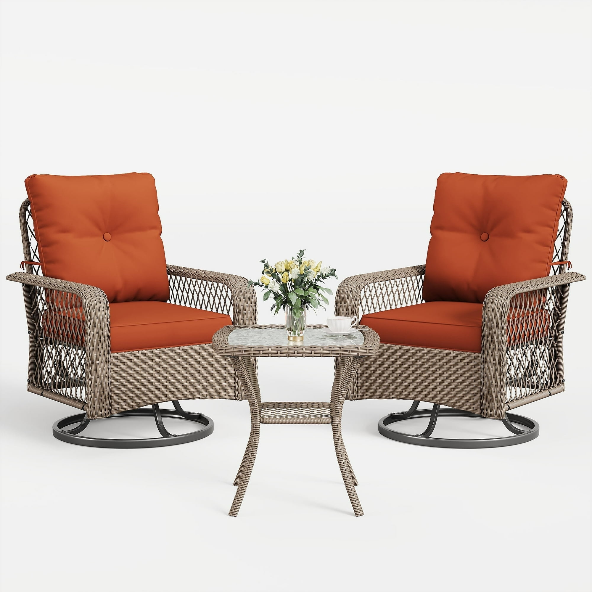 ECOPATIO 3 Pieces Patio Furniture Set, Outdoor Swivel Gliders Rocker, Wicker Patio Bistro Set with Rattan Rocking Chair, Glass Top Side Table and Thickened Cushions for Porch Deck Backyard(Red)