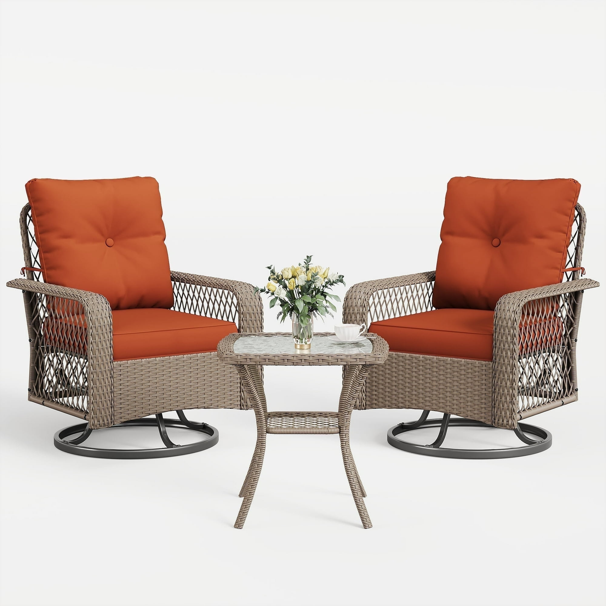 MRUAKA 3 Pieces Patio Furniture Set, Outdoor Swivel Gliders Rocker, Wicker Patio Bistro Set with Rattan Rocking Chair, Glass Top Side Table and Thickened Cushions for Porch Deck Backyard(Red)