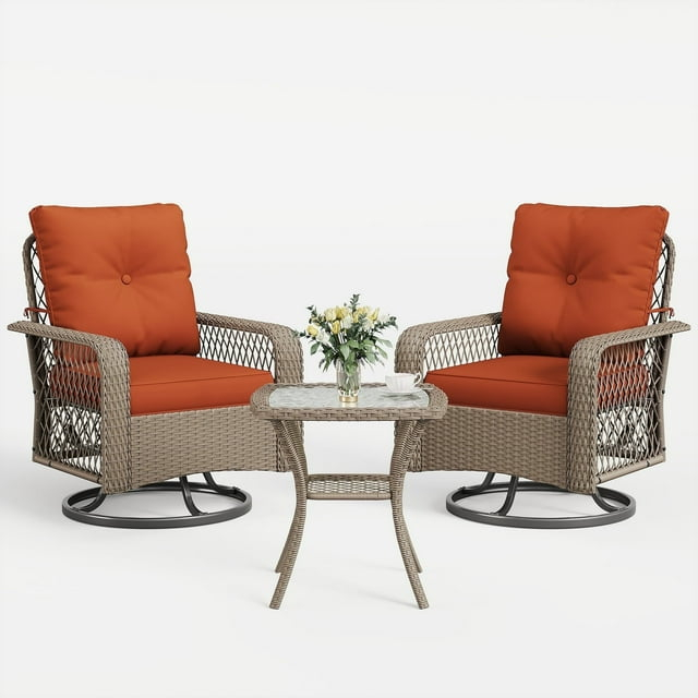 MRUAKA 3 Pieces Patio Furniture Set, Outdoor Swivel Gliders Rocker, Wicker Patio Bistro Set with Rattan Rocking Chair, Glass Top Side Table and Thickened Cushions for Porch Deck Backyard(Red)