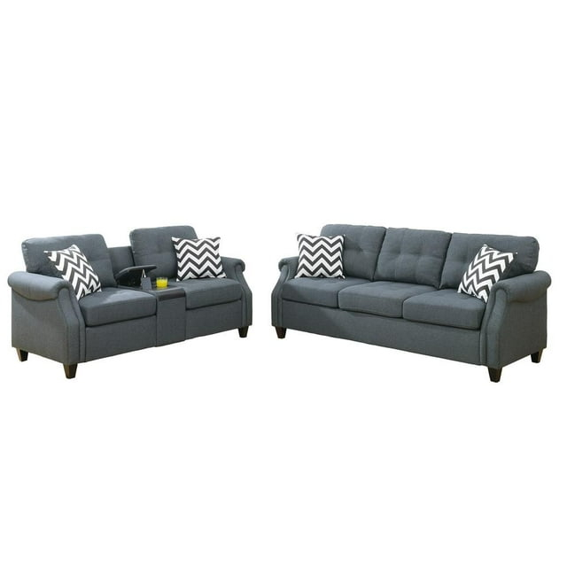 Poundex 2 Piece Fabric Sofa Set with USB Console in Blue Gray