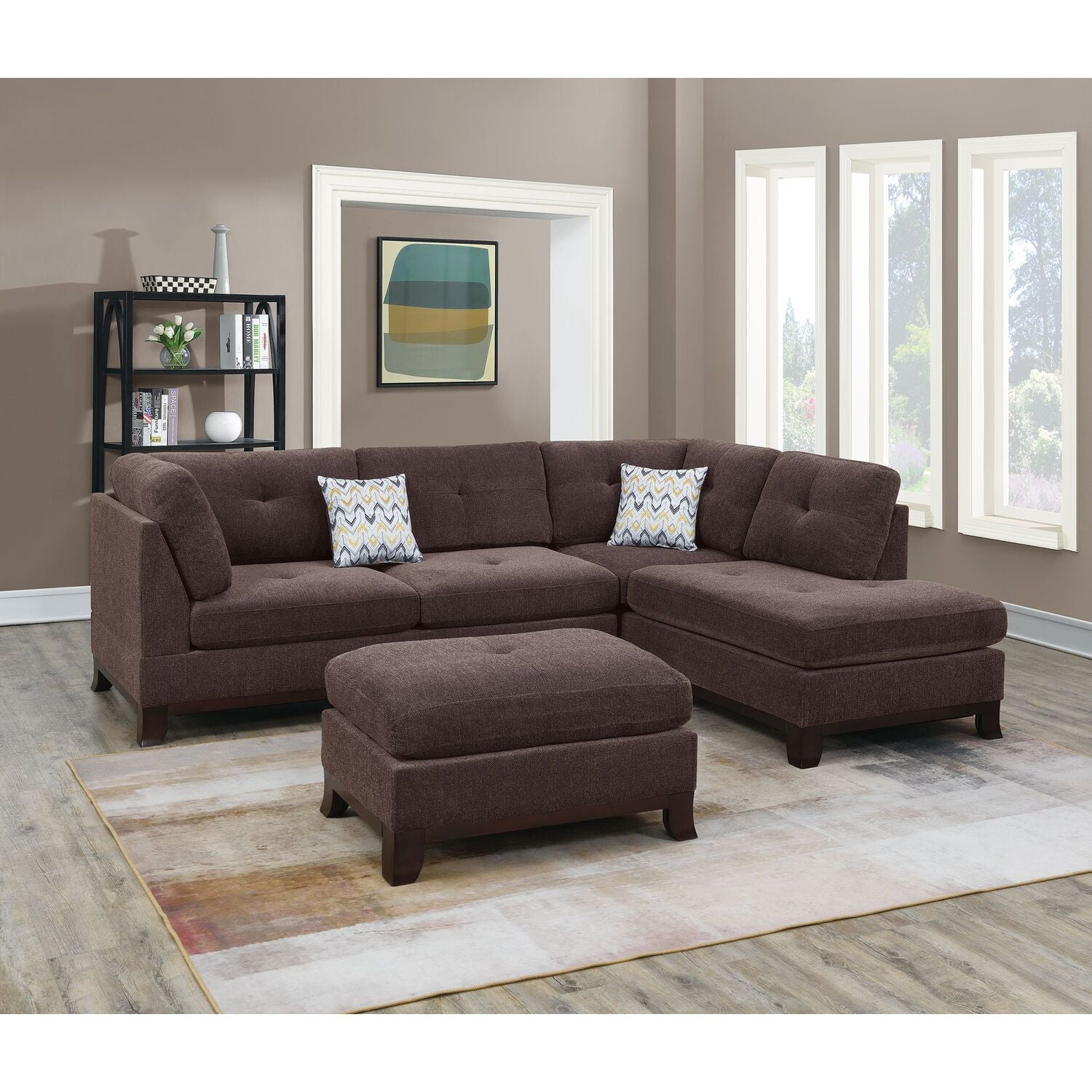 Poundex 3 Piece Fabric Sectional Sofa Set with Ottoman in Dark Coffee
