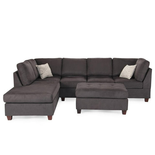 Poundex 3 Piece Fabric Sectional Sofa Set with Ottoman in Ebony Gray