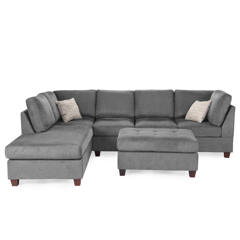 Poundex 3 Piece Fabric Sectional Sofa Set with Ottoman in Gray