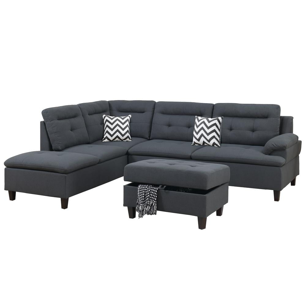 Poundex 3 Piece Fabric Sectional Sofa Set with Storage Ottoman in Charcoal Gray