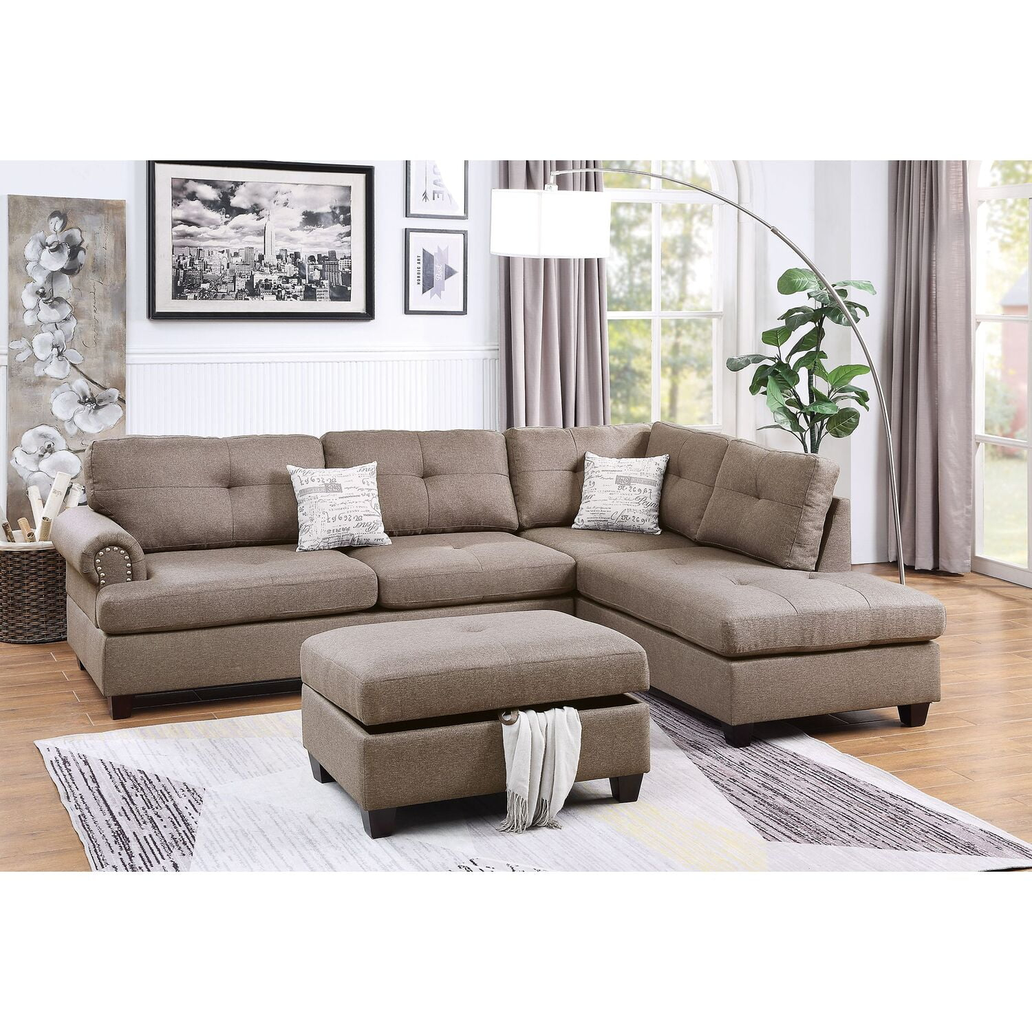 Poundex 3 Piece Fabric Sectional Sofa Set with Storage Ottoman in Light Coffee