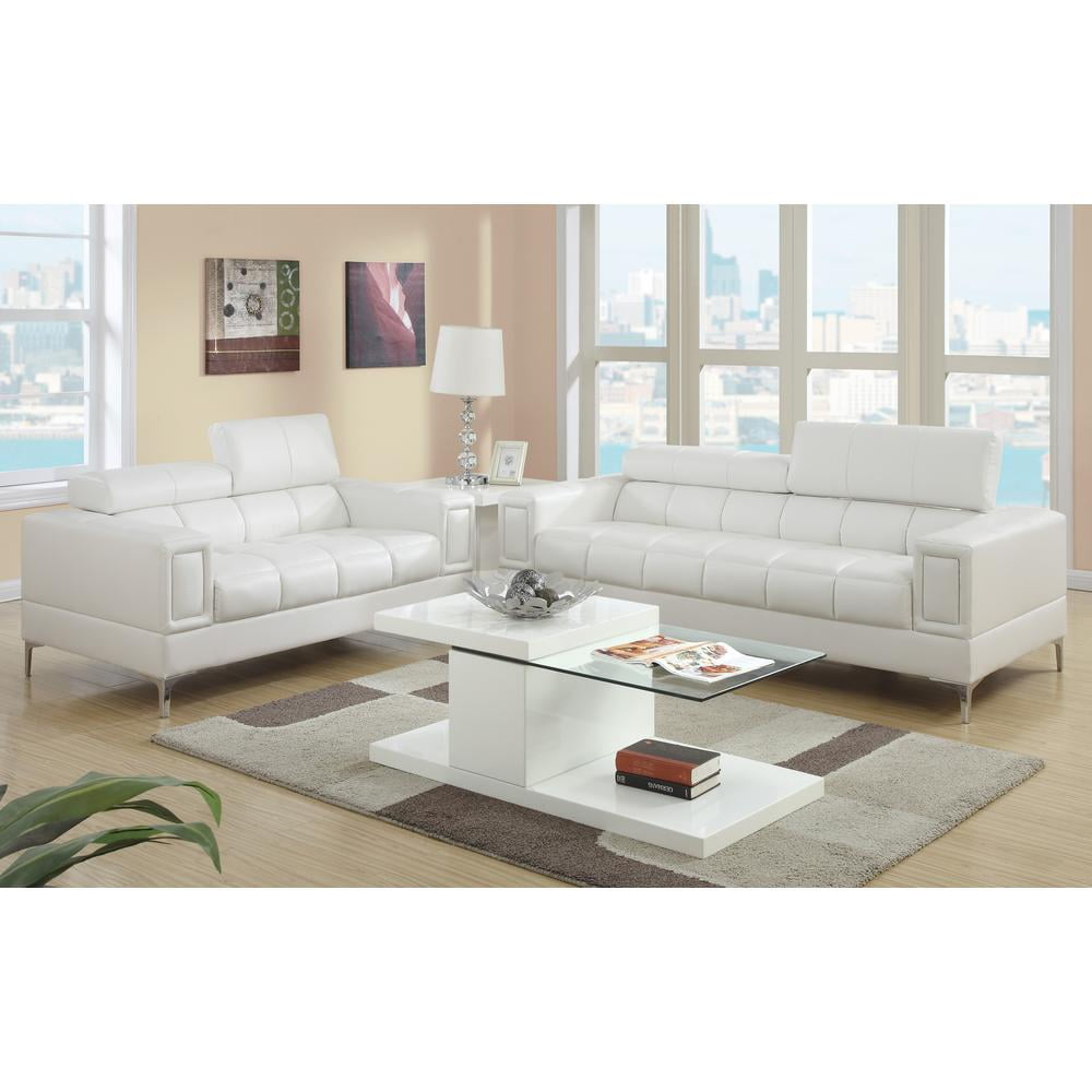 Poundex Furniture 2 Piece Faux Leather Sofa Set in Cream-White Color