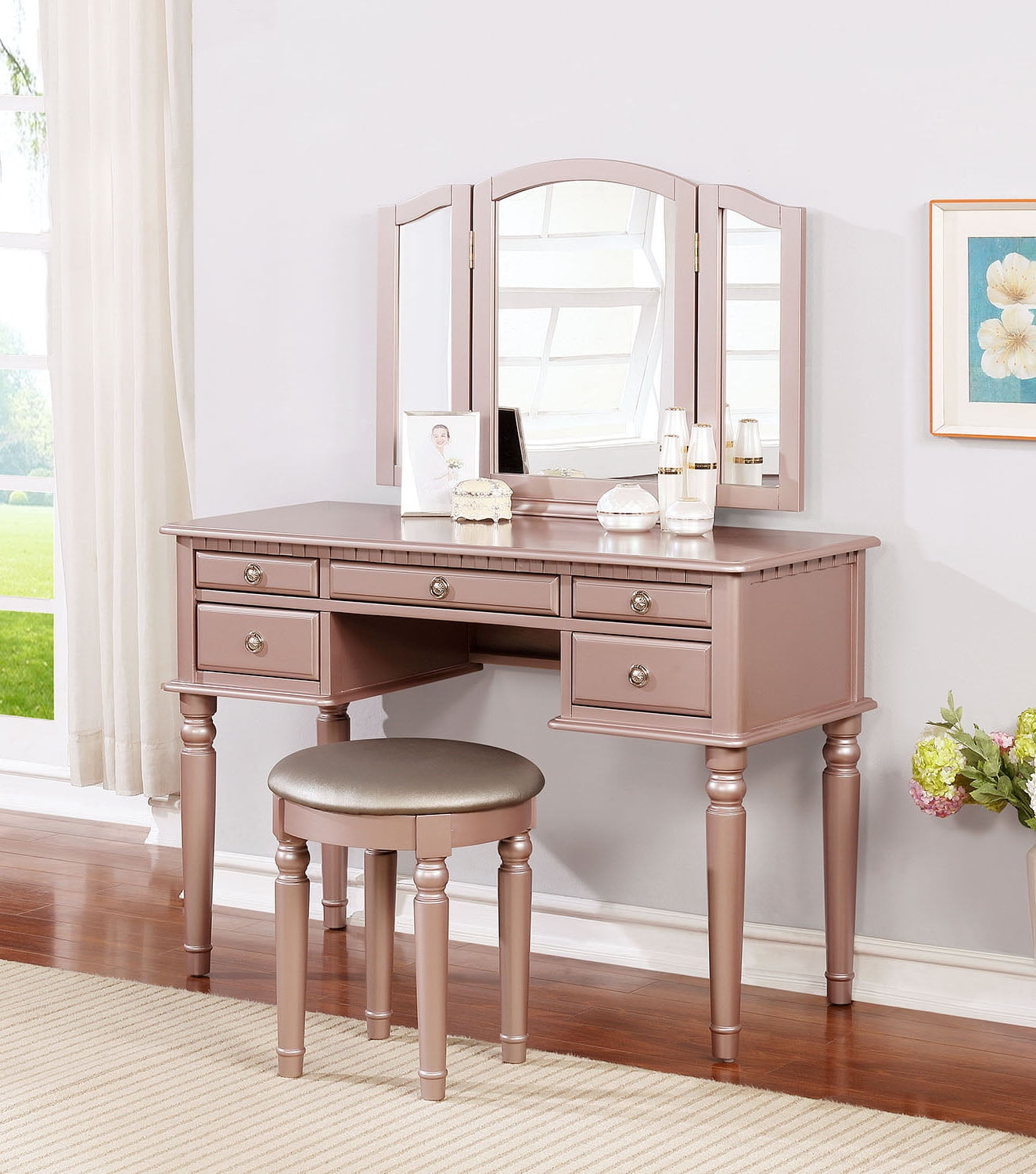 Poundex Furniture Wood Vanity Set with Mirror and Stool in Pink Rose Gold Color