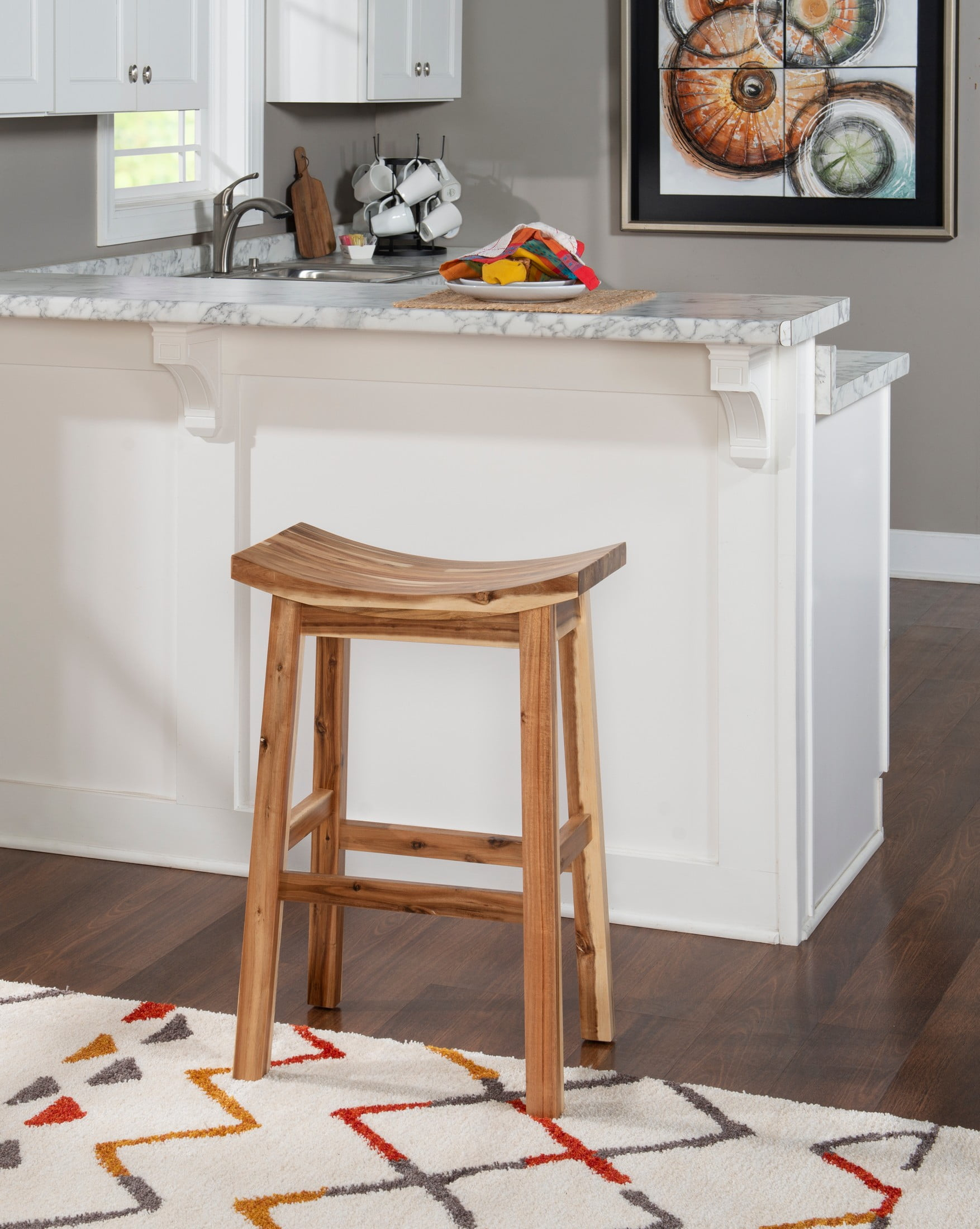 Linon Dale 30" Acacia Wood Saddle Seat Bar Stool in Rustic Light Natural Brown