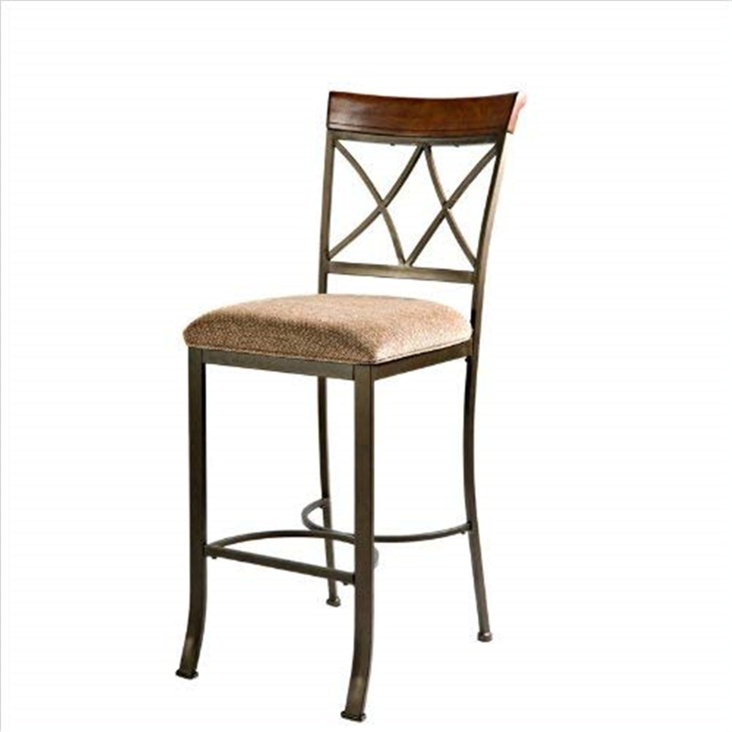 Linon Hamilton Metal Bar Stool Padded Beige Seat Wood Trim in Matte Pewter