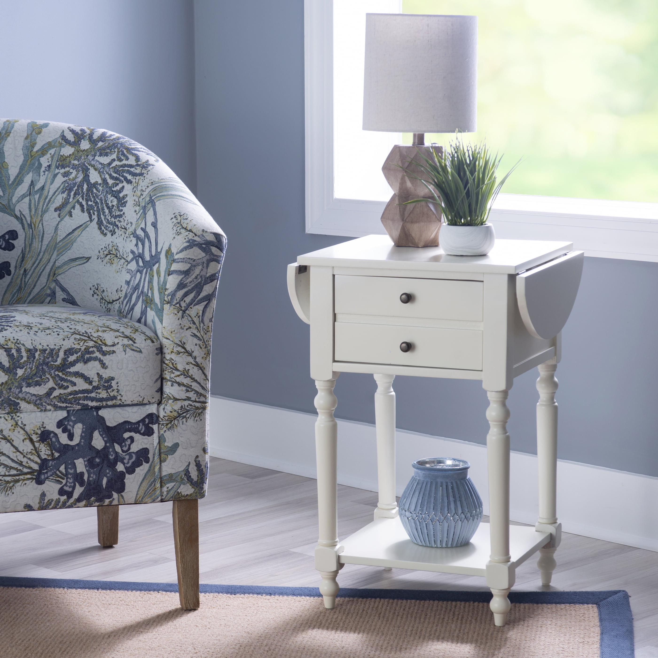 Powell Shiloh Single Drawer Indoor End Table with Shelf and Dropleaf, 24" Tall, White