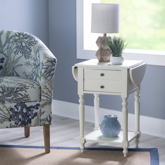 Powell Shiloh Single Drawer Indoor End Table with Shelf and Dropleaf, 24" Tall, White
