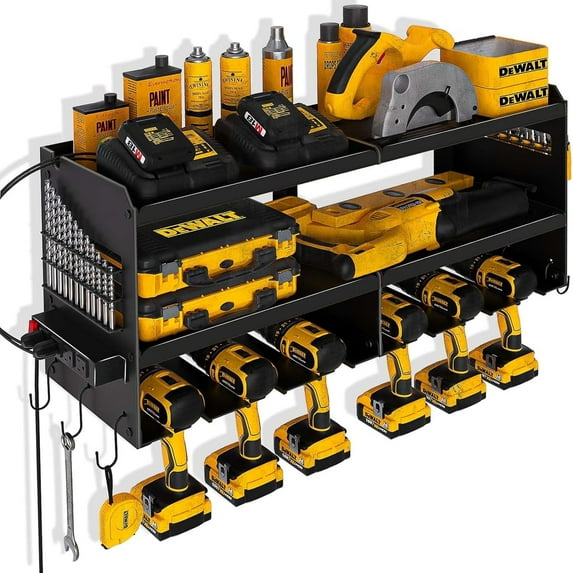 Spampur Power Tool Organizer Wall Mount with Charging Station, Garage Tool Shelf 6 Drill Holders, Tool Battery Holder with Plier holder Heavy Duty Rack, Tool Storage Rack with 4 Outlet Power Strip