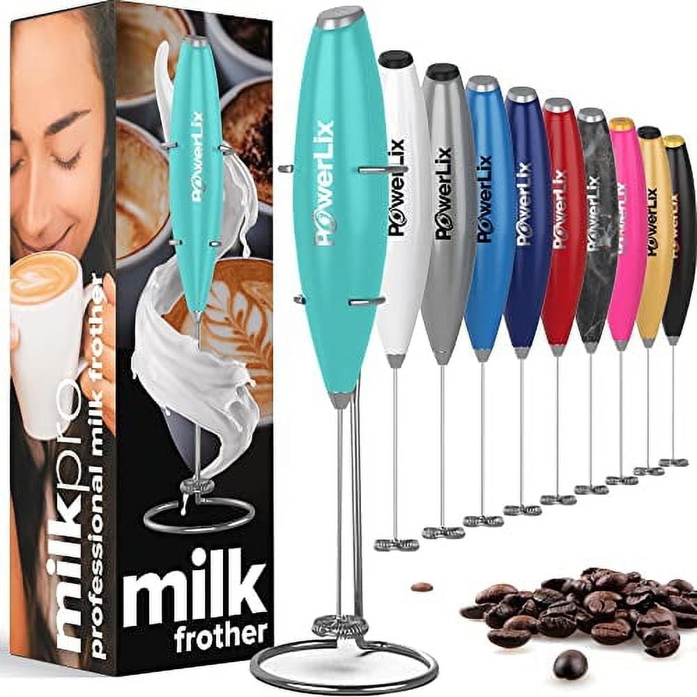 PowerLix Milk Frother Handheld Battery Operated Electric Whisk Foam Maker For Coffee With Stainless Steel Stand Included  - Carribean Aqua