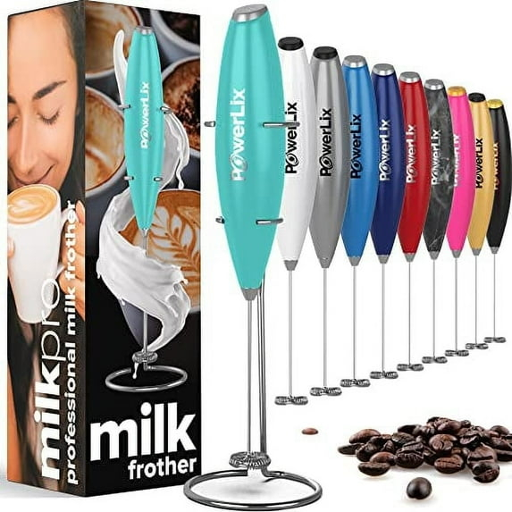 PowerLix Milk Frother Handheld Battery Operated Electric Whisk Foam Maker For Coffee With Stainless Steel Stand Included  - Carribean Aqua
