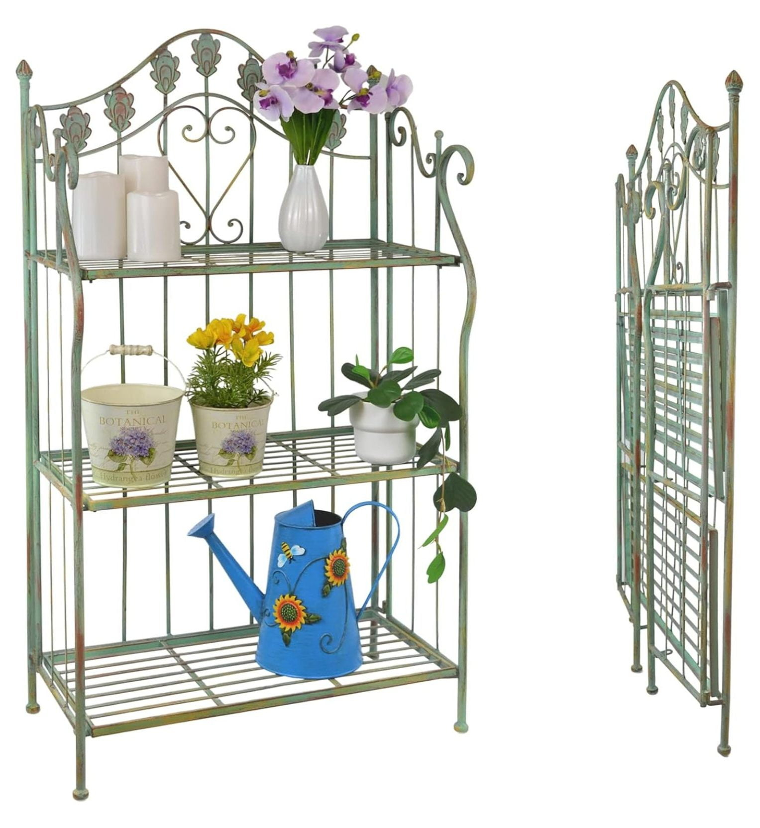 Pre-Assembled Folding Metal Shelf | Plant Stand | Shelving Unit | Bookcase | Outdoor Baker's Rack with Scrolling Heart & Peacock Tail Motif